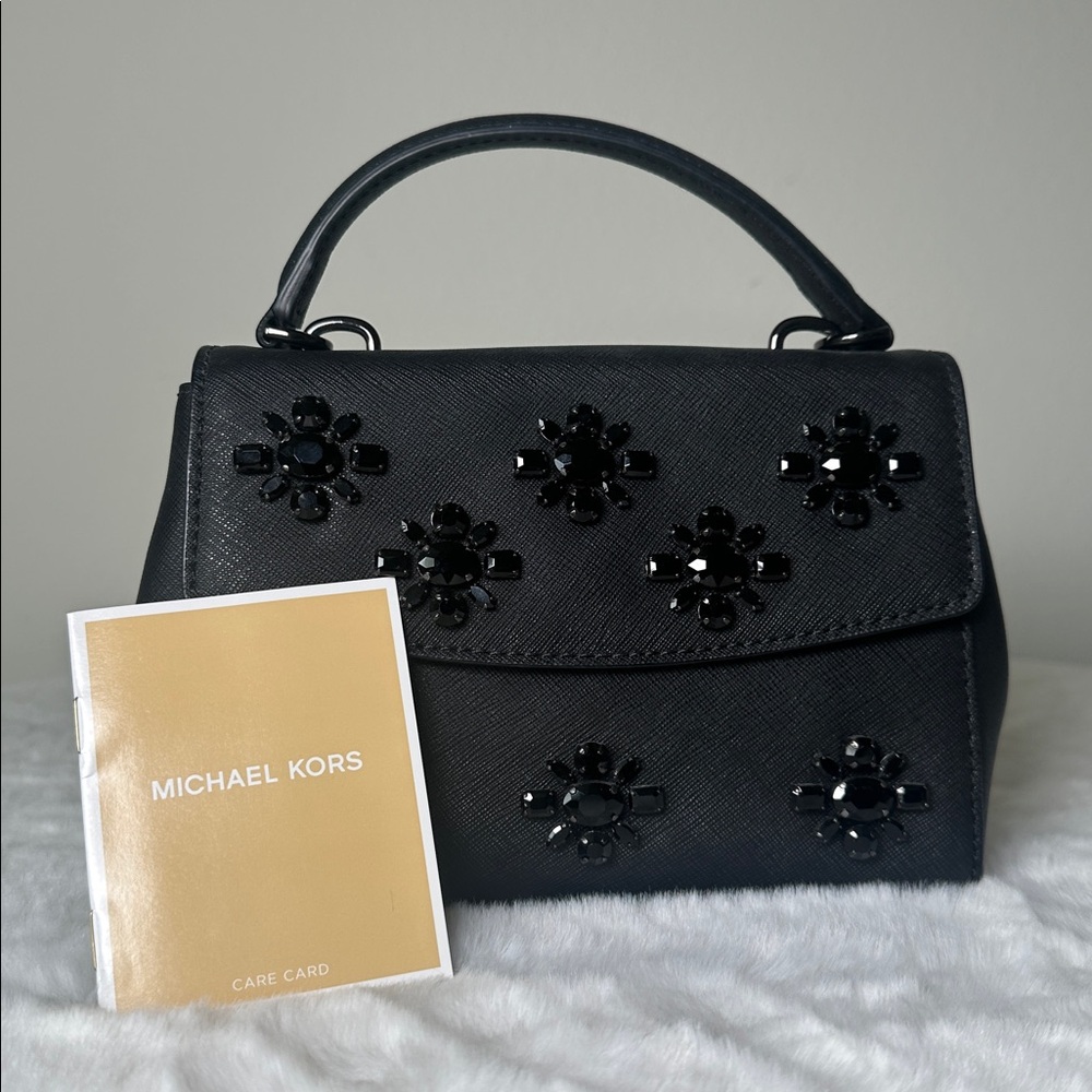 Michael Kors Black Mini Bag with Jeweled Floral Embellishments